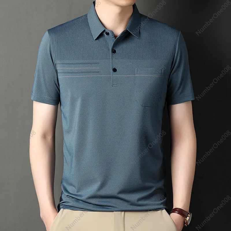 Dad Summer Lapel Short Sleeve T-Shirt Men's Pocket Half Sleeve Top Striped Pocket Men's Polo Shirt Men's