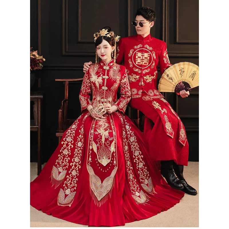 Cheongsam Hanfu Embroidery Dragon Phoenix Chinese Traditional Couple Wedding Suit Cheongsam Elegant Bride Vintage Qipao Dress