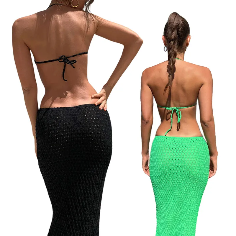 Women Party Hollow Bodycon Dress Summer Elegant Solid Low Cut Hanging Neck Sleeveless Backless Tie Up Beach Long Dress Maxi