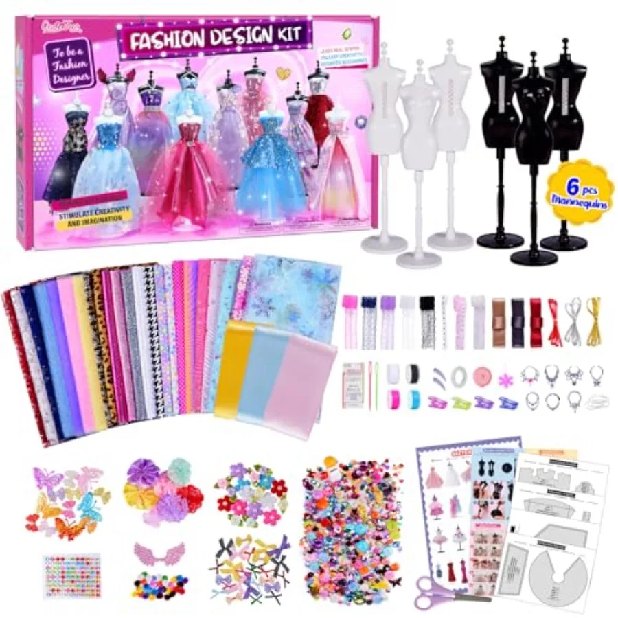 

800+Pcs - Fashion Designer Kit for Girls with 6 Mannequins - Arts and Crafts Kit- Sewing Kit for Kid Ages 8-12 -Girl Gift Age 6