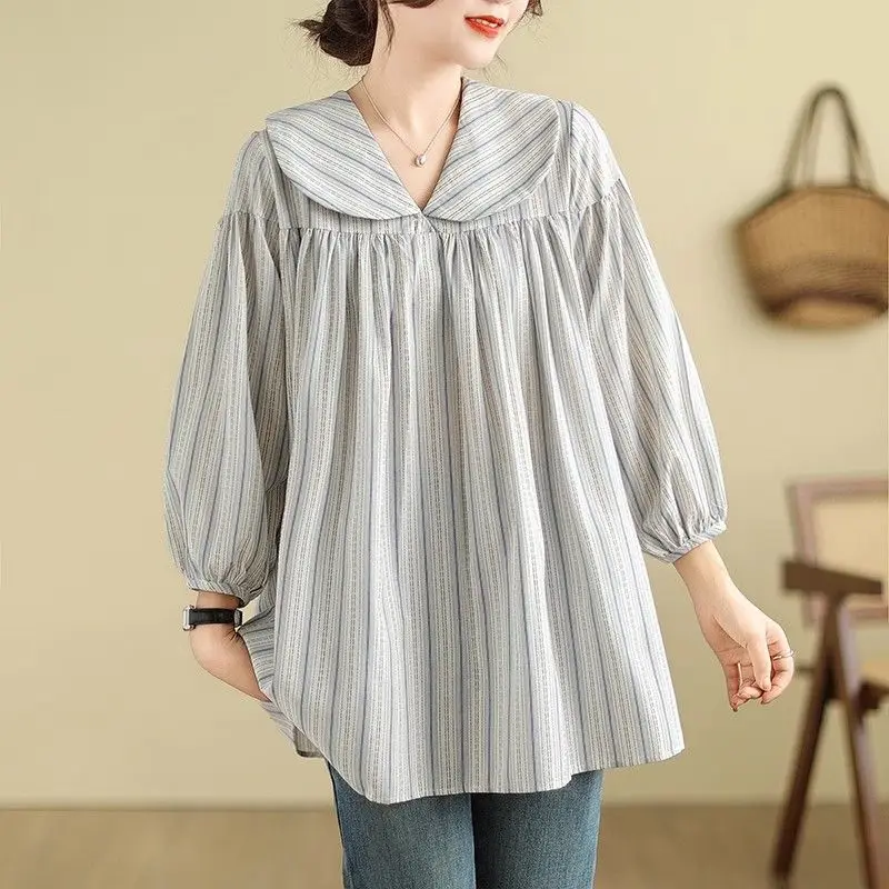 Large Size Doll Neck Stripe Loose 3/4 Sleeve Medium Length Shirt for Women\'s Early Spring Summer New Casual Slimming Trendy Top