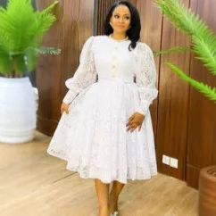 

Plus Size Women's White Lace Puff Long Sleeve Dress Waist Slimming Mid-length Elegant A-line Dress Summer Elegantes Casual Y2k