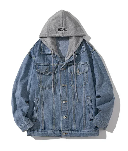 Spring men's retro American denim jacket trend loose all-in-one hooded moisture wadding sweatshirt  jackets for men  size 2XL