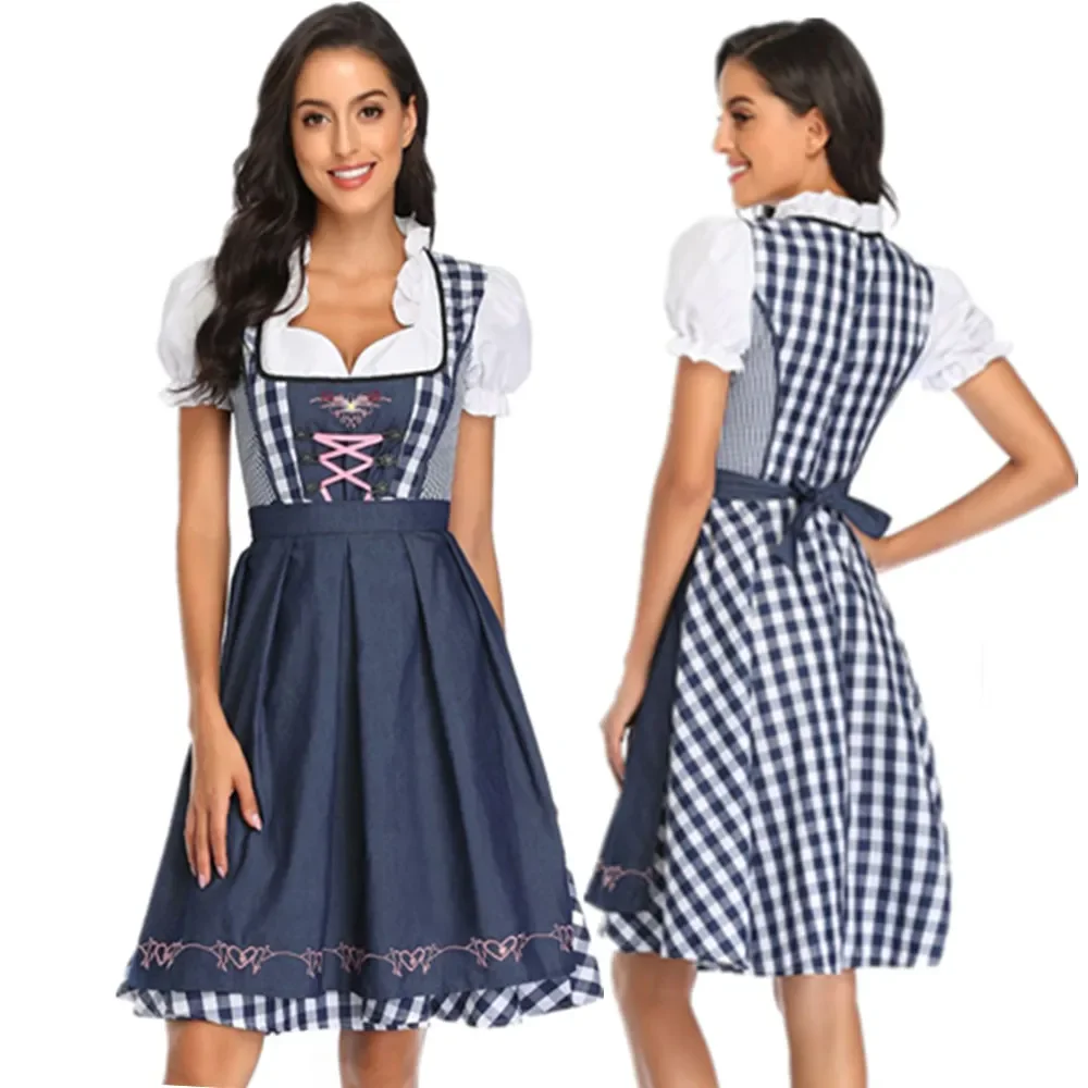 Wysokiej jakości tradycyjny niemiecki Plaid Dirndl sukienka Oktoberfest kostium dla dorosłych kobiet Halloween Cosplay Fancy Party