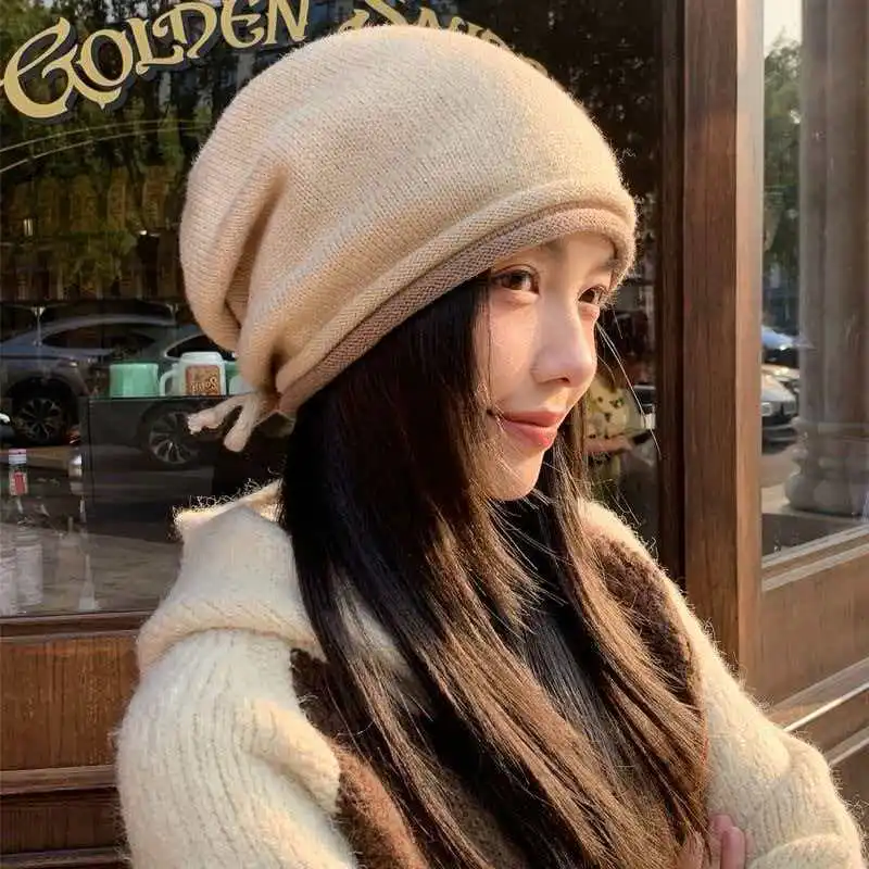 High Quality 100% Cashmere Knitted Hat Women Winter Warm Ear Protection Hat Fashion Rolled Edge Toe Cap Solid Color Cashmere Hat