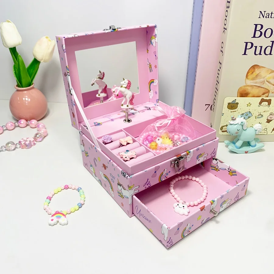 

Kid Girls Music Gift Box for Birthday Double Layers Jewelry Boxes Portable Storage Children Jewelry Gift Packaging Boxes S028