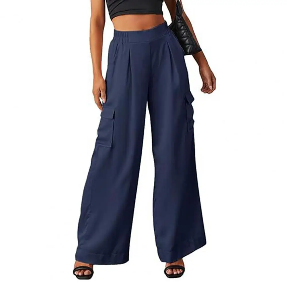 Women Overalls Style Pants Women's Cargo Pants Mid-rise Elastic Waist Wide Leg Trousers with Multi Pockets High for Everyday