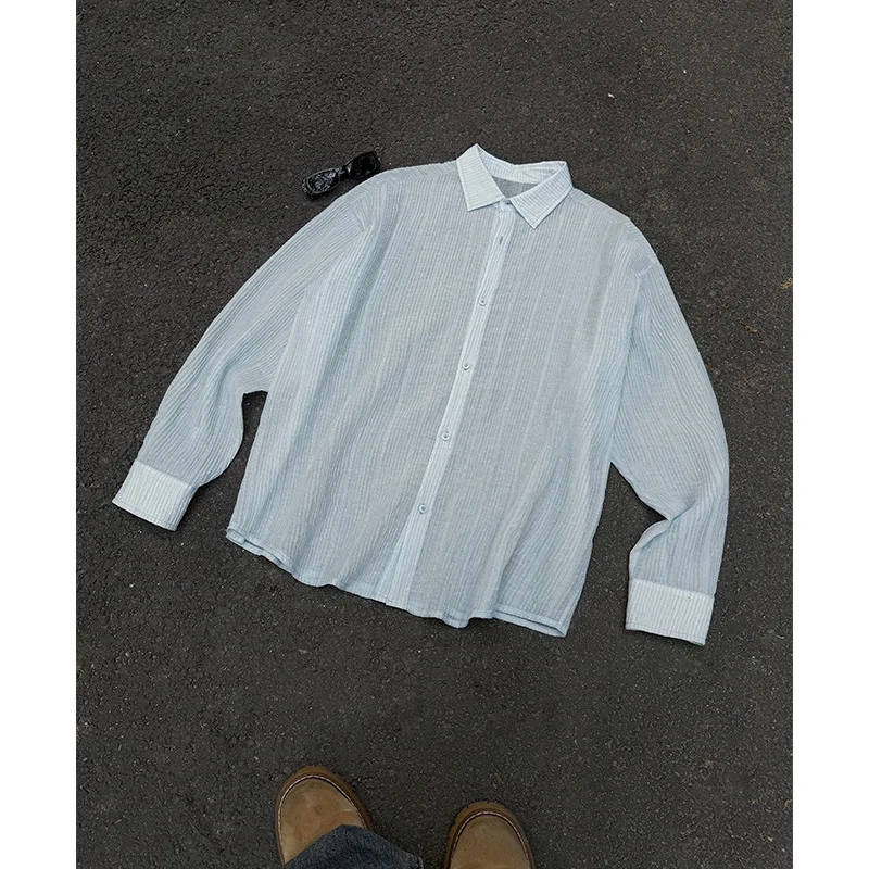 Summer Light Blue Lyocell Tencel Long Sleeve Shirt Men's Sheer Mesh Ice Silk Sun Protection Blouse