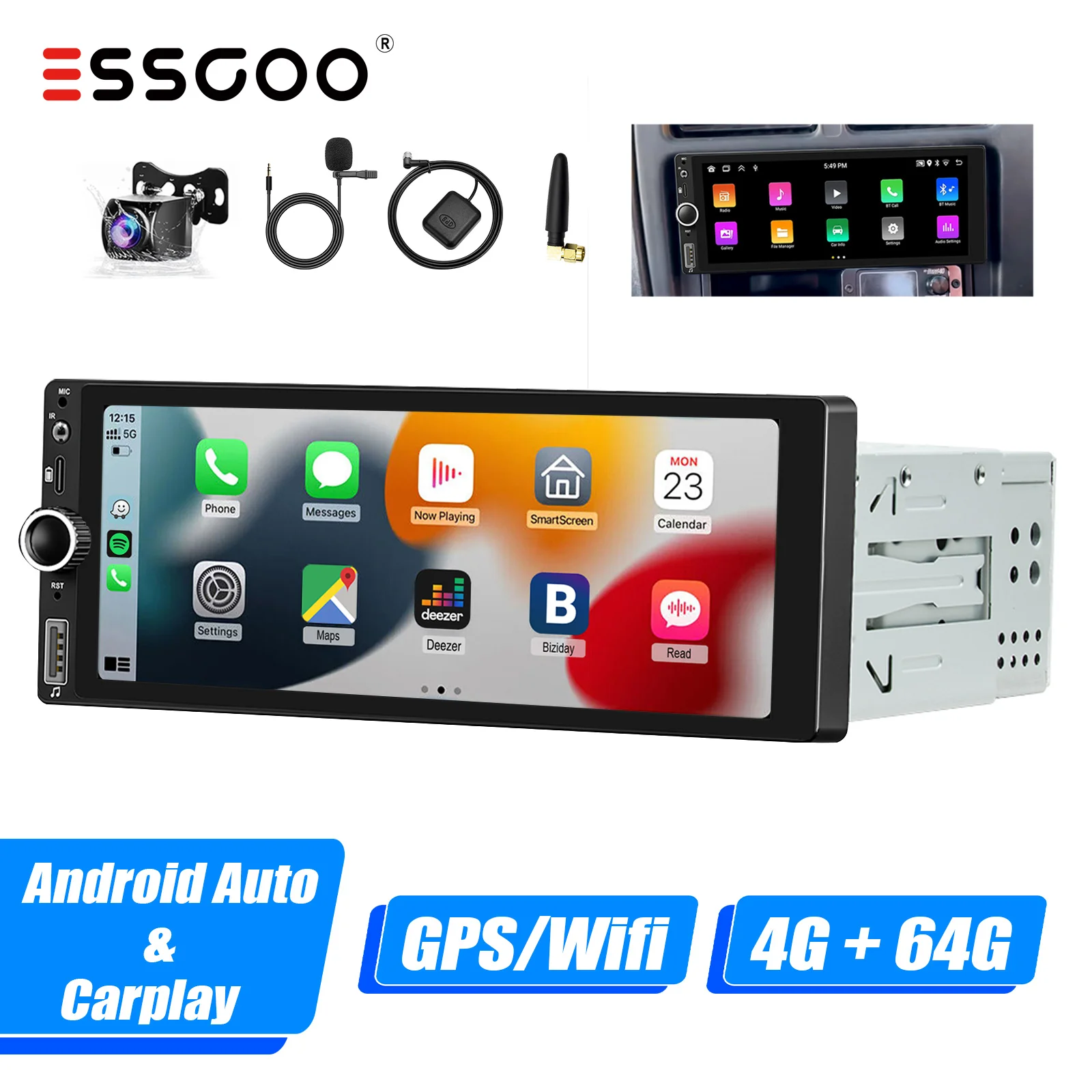 ESSGOO 1 DIN Android 14 4+64G Apple Carplay Android Auto Autoradio 6.86" IPS Scherm Bluetooth USB Type-C GPS SAT Navi RDS Wi-Fi SWC USB - afbeelding 1