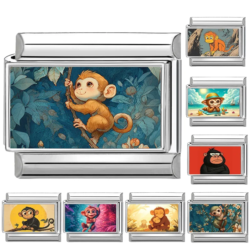 Cartoon Cute Monkeys playing on the swing set Italian Charm Links Fit 9mm Stainless Steel Bracelet Men Women DIY Making Jewelrys