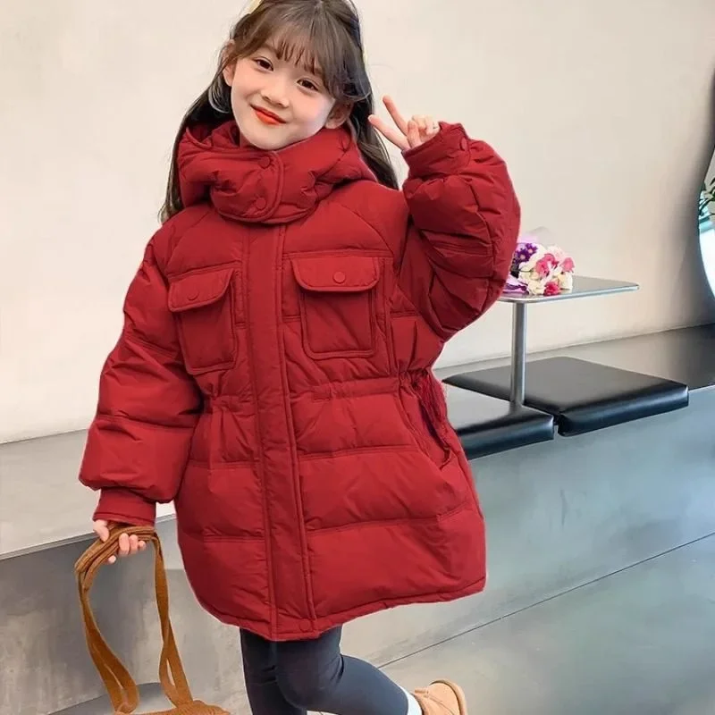 

2025 New Girls Winter Padded Coat Fashion Longline Thickened Solid Color Hooded Jacket for Girls Cold-Weather Essential