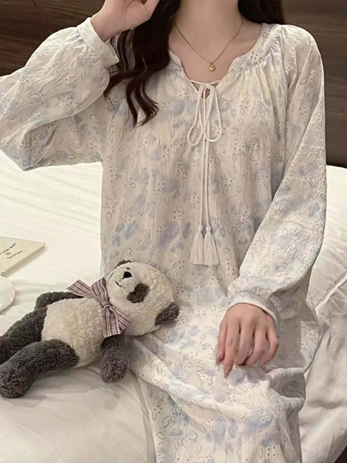 

Korean Style Cute Princess Style Nightgown Women's Long-sleeved Spring Autumn Medium-length Pajamas Home Clothes New in Dresses