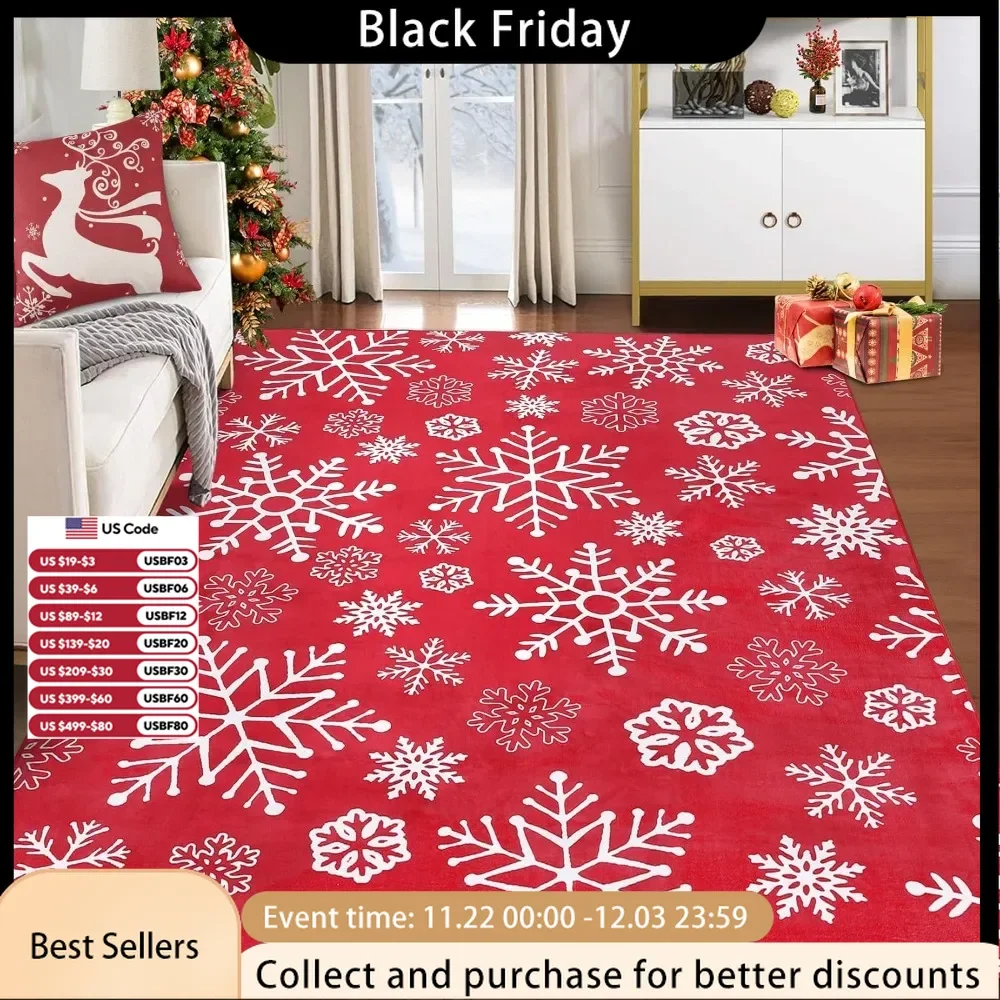 Christmas Area Rug 8x10 Snowflake Pattern Floor Cover Machine Washable Indoor Carpet Rug Decorative Non Slip Accent Rug Kitchen