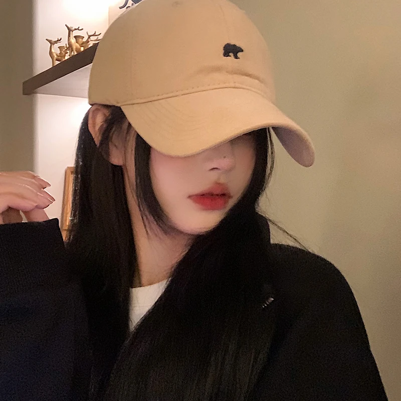 Polar Bear Embroidered Baseball Cap Women\'s Soft Top Wide Brim Face-Looking Small Peaked Cap Circumference Beige Hat Fashion