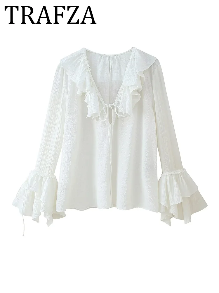 

TRAFZA Woman 2025 Layered Long Sleeve Shirt Summer V Neck Ruffle White Blouse Female New Elegant Fashion Loose Casual Shirt