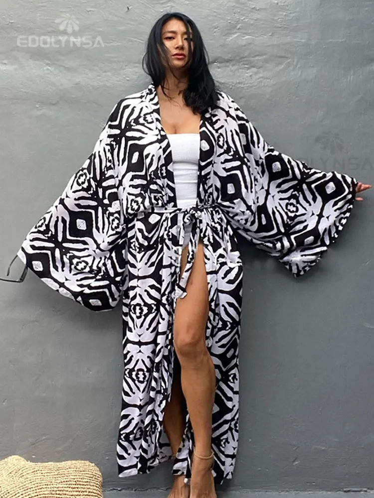 2023 Casual Printed Long Sleeve Self Belted Kimono Dress Bath Tunic Women Beach Wear Swim Suit Cover Up saida de praia Q1340