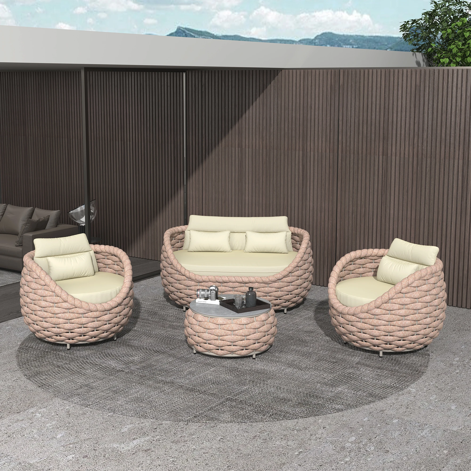 Fulin Fabrikpreis Rattan Aluminium Teak Outdoor Garten Lounge Möbel Rattan Möbel Set