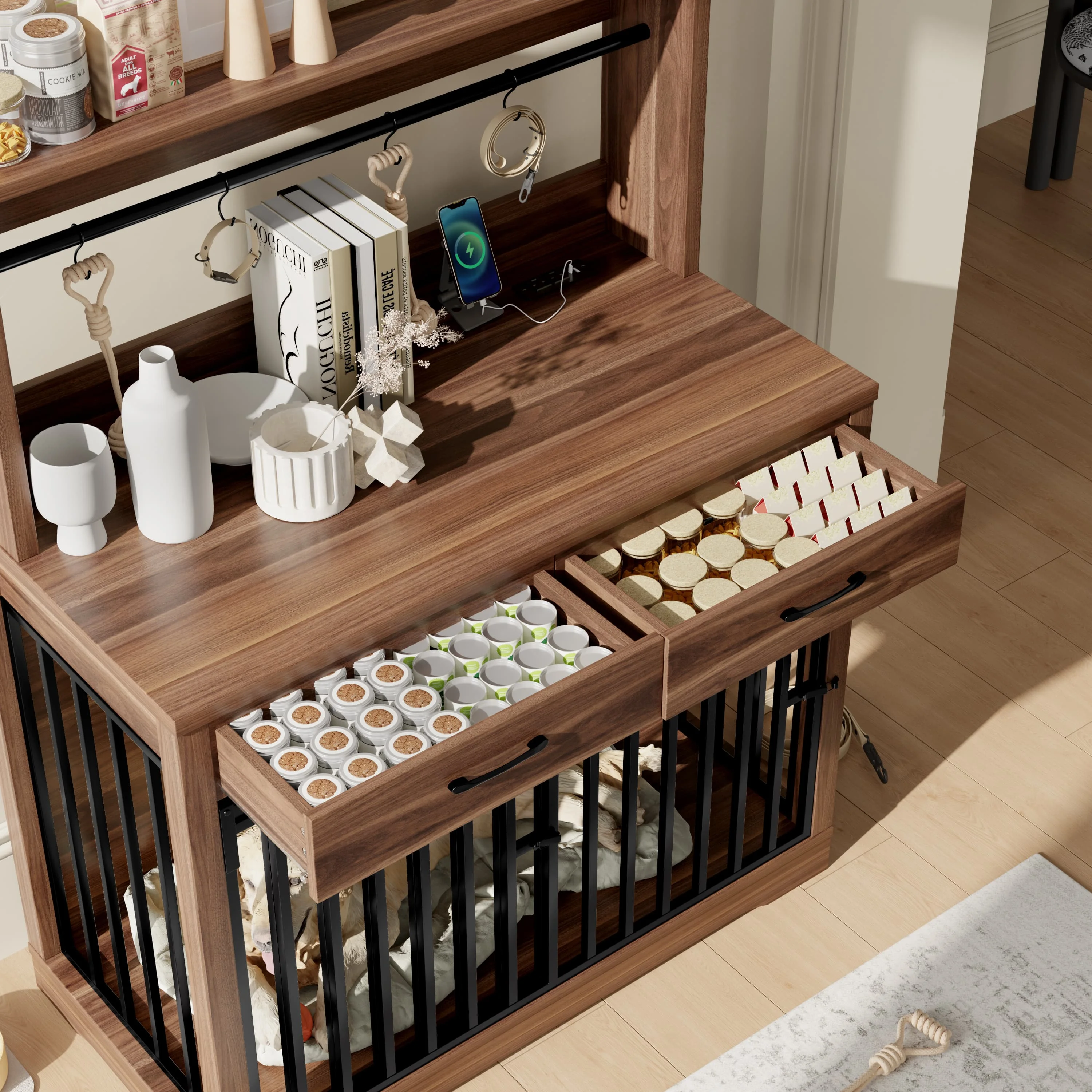 3-in-1 Multifunctional Dog Crate Table With Storage Drawers, USB/Outlet Ports & Hooks - Walnut Style Pet Kennel Furniture