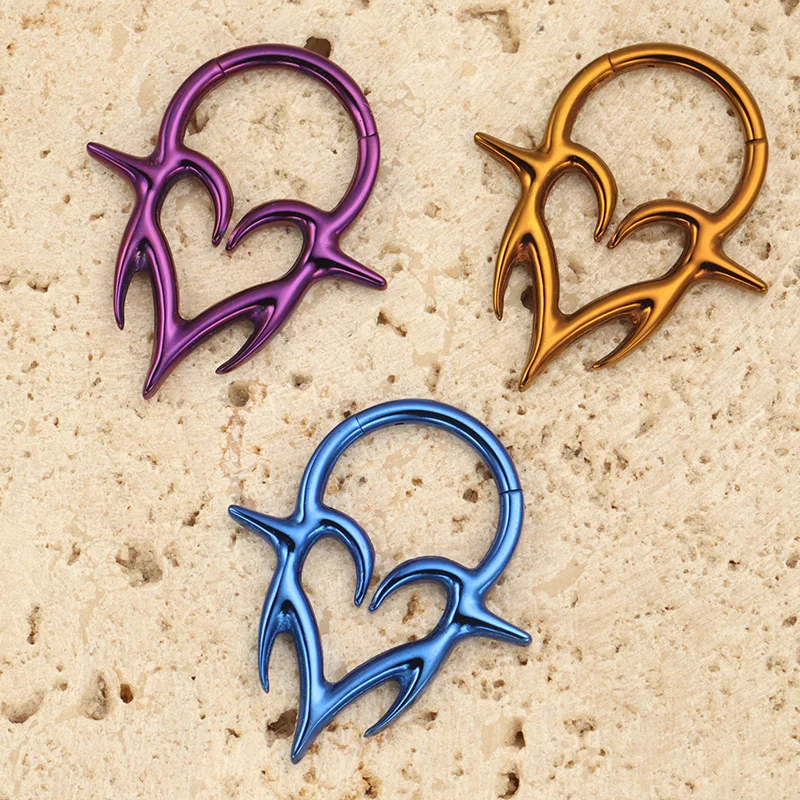 ASTM F136 TItanium Tribal Fangs Hinged Clicker SEG Septum Piercing Heart Totem Errings Forward Helix Anodized Punk Body Jewelry
