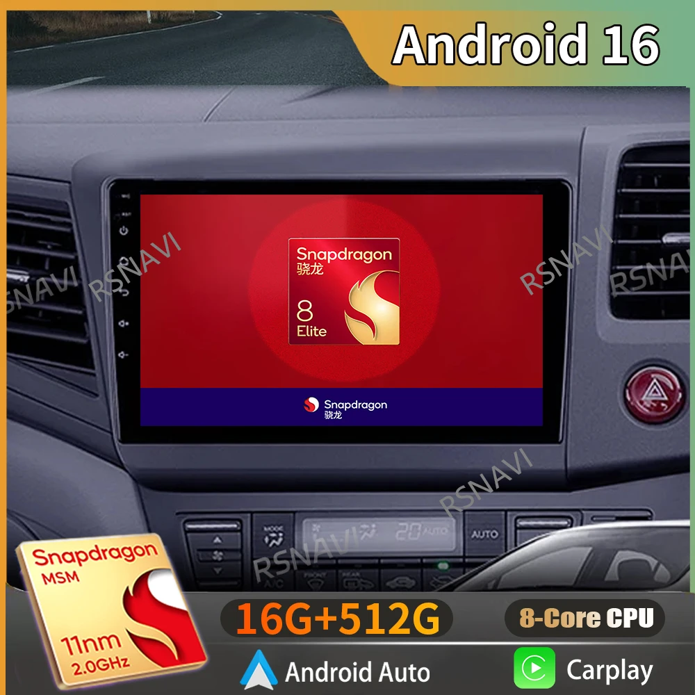 Android 16 Carplay Auto For Honda Civic RHD 2012 2013 2014 2015 Car Radio GPS Player Navigation 2 Din Head Unit DVD Video Stereo