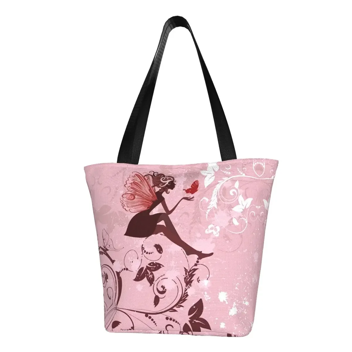 Kawaii Printing Floral Fairy With Butterflies Shopping Tote Bags Washable Canvas Shoulder Shopper Flower Handbag