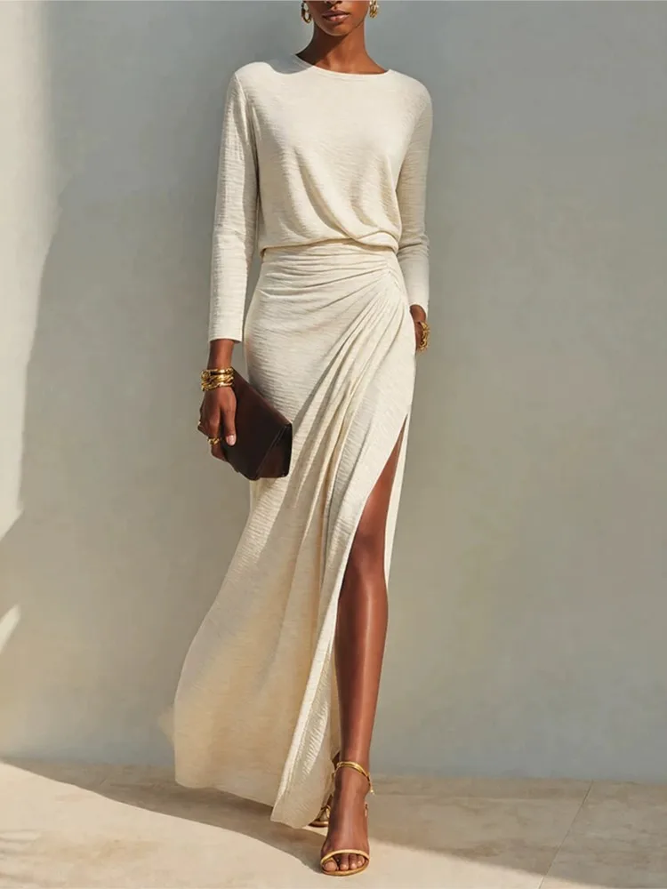 Damen Einfarbiges Maxikleid mit geraffter Taille, Wickeldesign, geteiltem Saum, für Party, Herbst/Winter, Rundhalsausschnitt, lange Ärmel, lässig, schmal geschnitten, lange Kleider für Damen