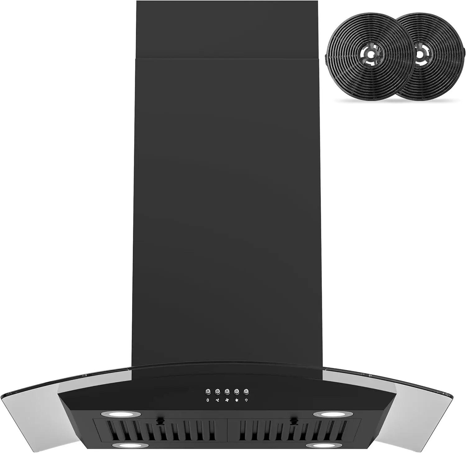 

Black Island Mount Ran Hood 30 inch with 700 CFM Ceiling Mount Kitchen Vent Hood Ducted Ductless Convertible 4 LED Lights 3 Spee