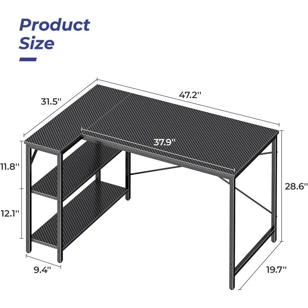 47 Carbon Fiber L-Shaped Desk with Reversible Shelves for Gaming and Home Office