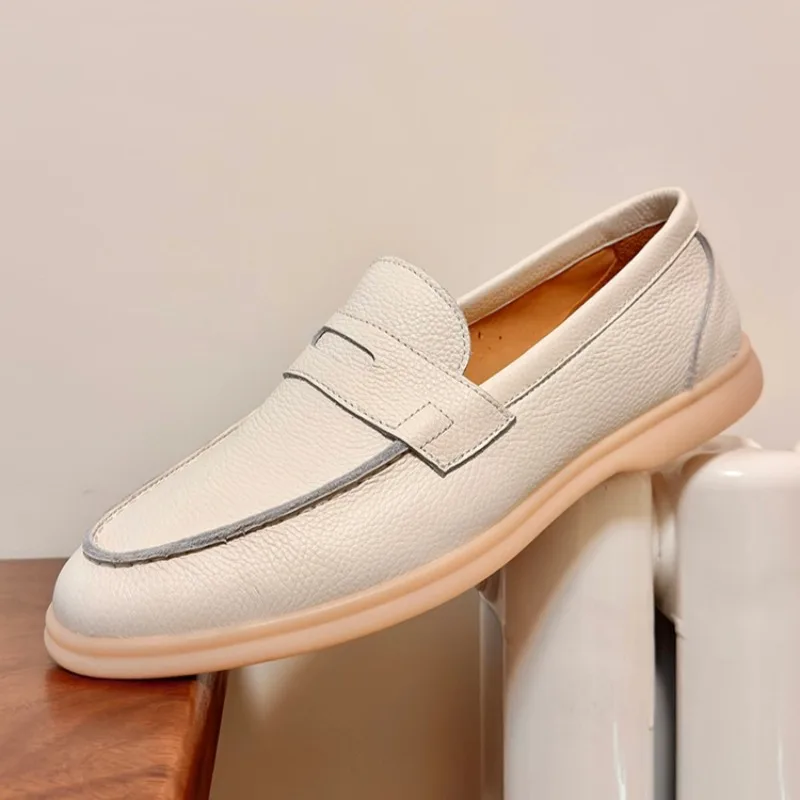 Luxury Full Grain Leather White Loafers Flexible Cushioned Outsole Slip-on Daily Driving Footwear for Men