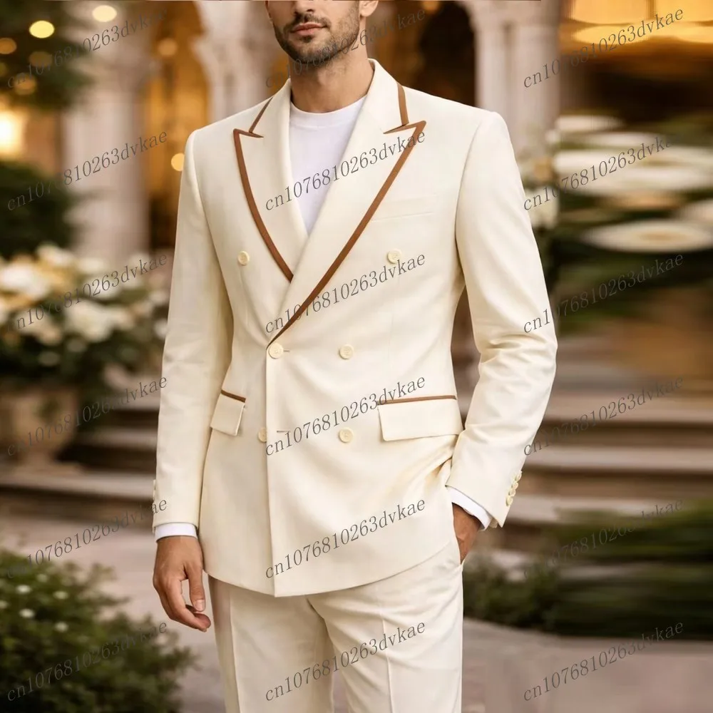 

New White And Brown Men Suit Wedding Party Formal Occasion Groom Groomsman Prom Business Male Tuxedos 2 Piece Set Jacket Pants
