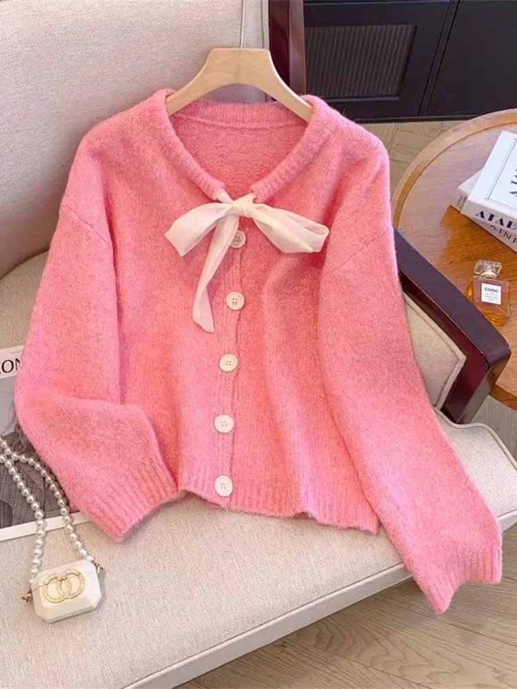 Jmprs Bow Lace Up Women Cardigan Sweaters Sweet Preppy Style Knitted Coat Fall Fashion Loose Female Long Sleeve High Quality Top