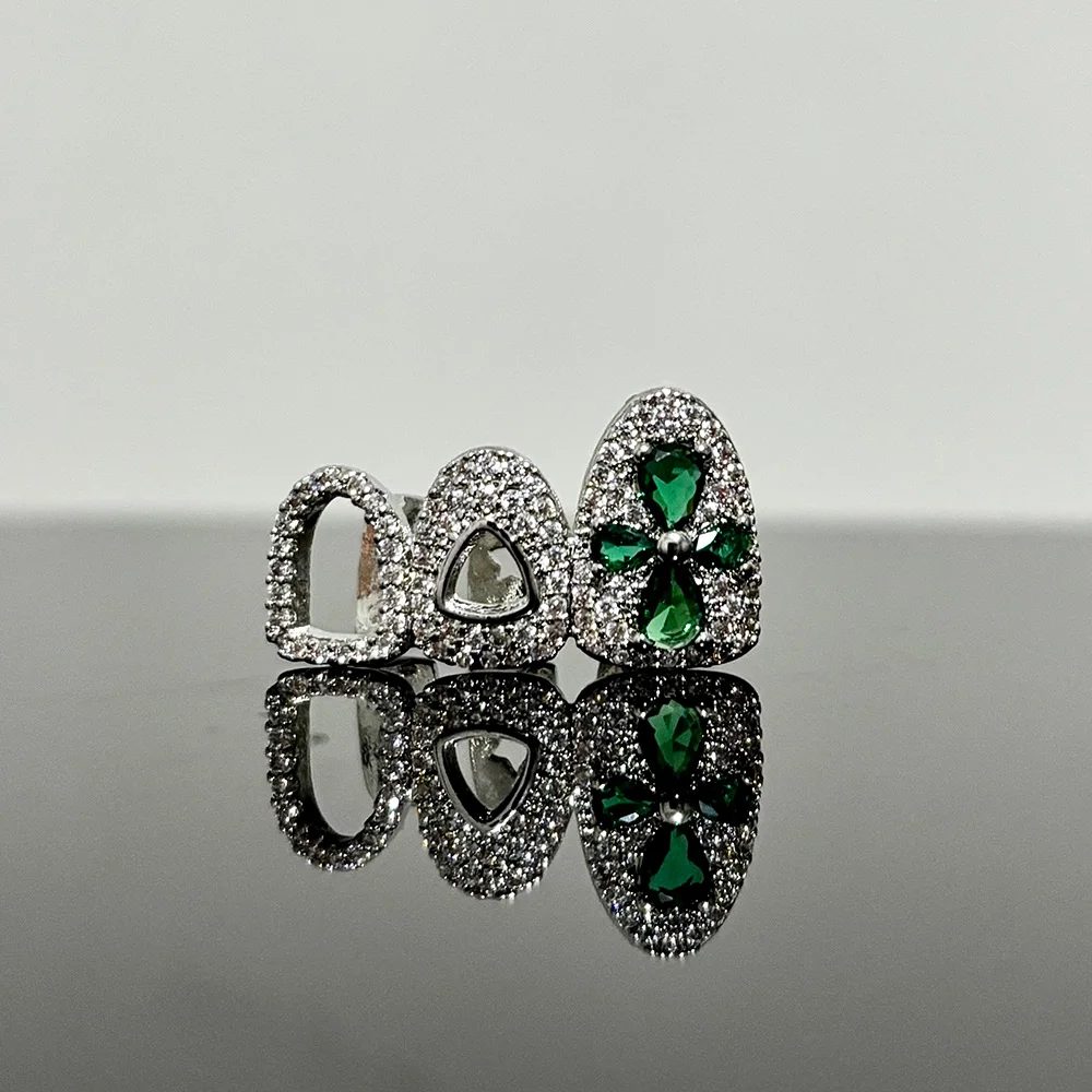 RACHELZ Vintage 3 Green Flower Zircon Teeth Grillz Braces Hip Hop Three Hollow CZ Stone Tooth Caps For Women Men Jewelry