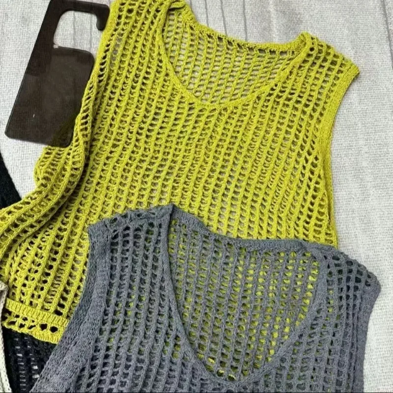 Hollowed-out Loose Suspender for Women Outer Sleeveless Knitting Camis Casual Vests Korean Cover Up Crop Vacation Office Tops