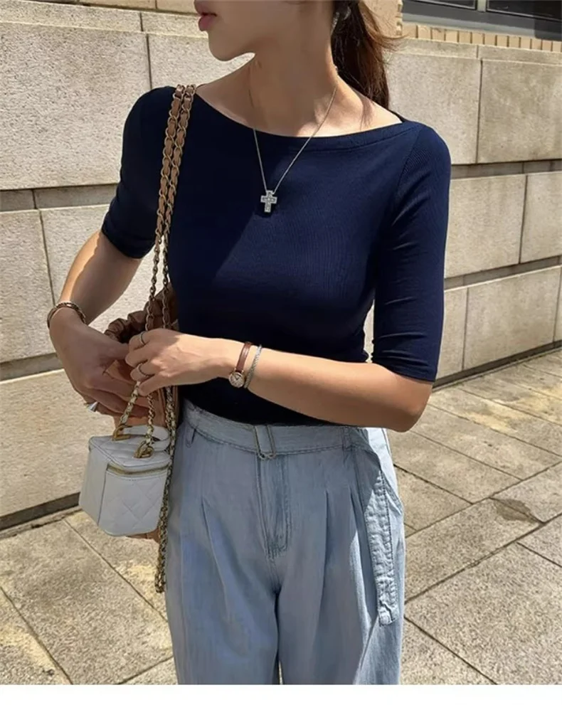 Sexy Halbarm Slim Fit Tees Koreanische 2026 Sommer Trendy Slash Neck Frauen T-shirts Off-schulter Feste Beiläufige Vielseitige top – Detail 12