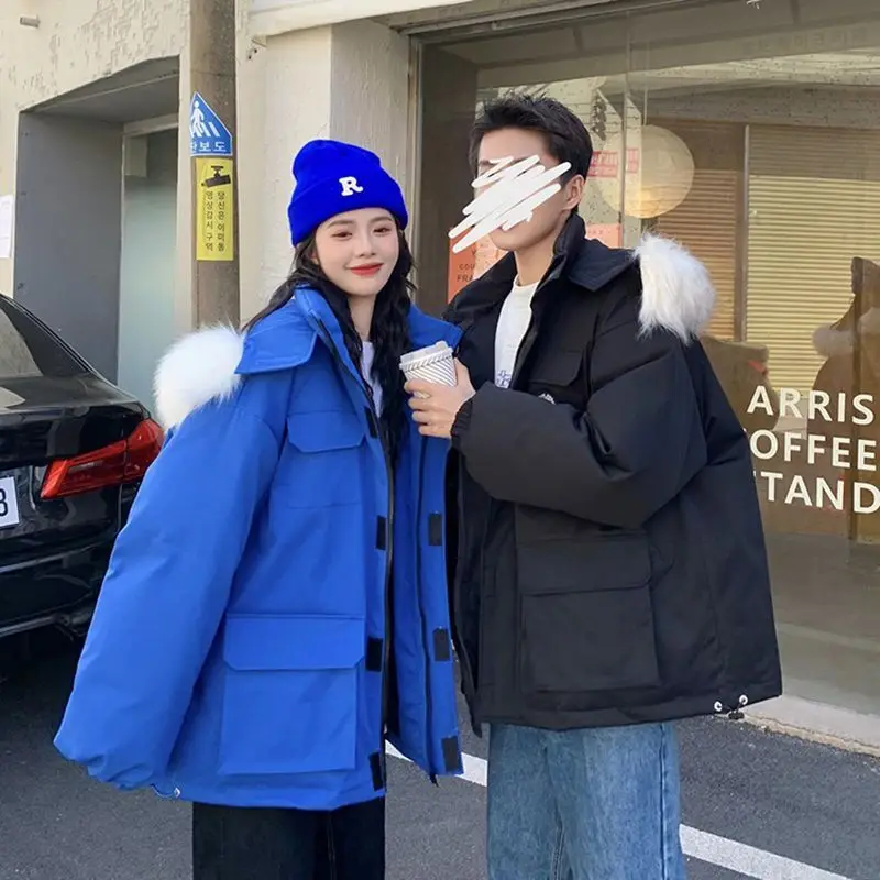معطف شتوي سميك ودافئ للزوجين بلون أزرق كلاين، سترة قطنية طويلة الأكمام للنساء بتصميم عصري وكاجوال