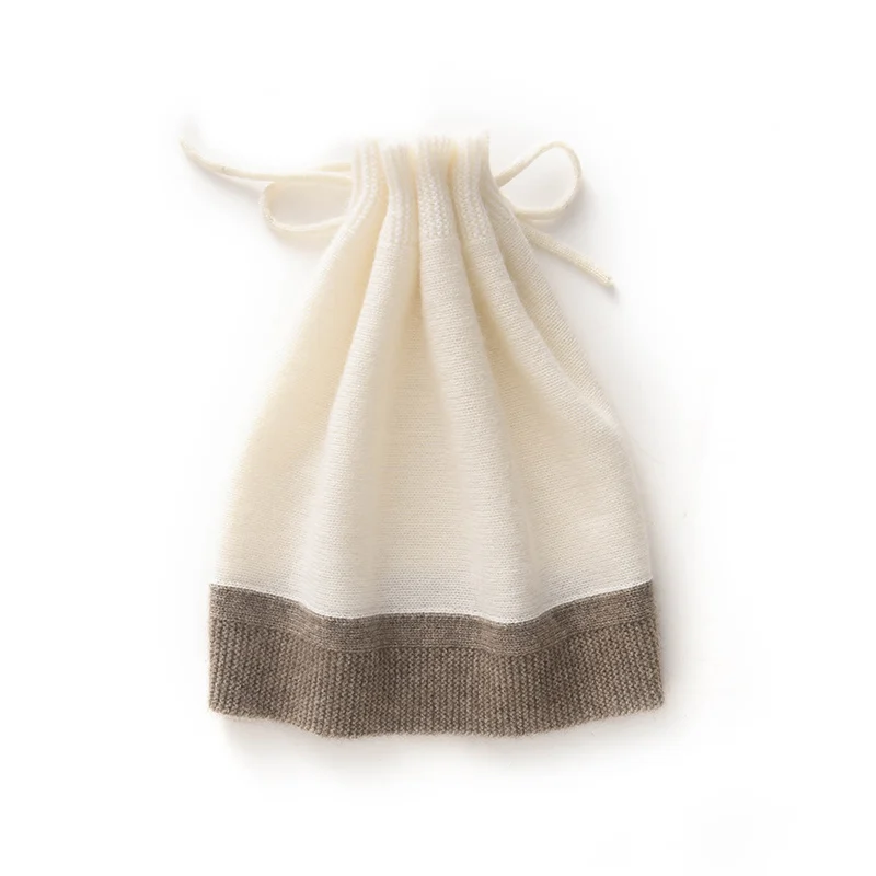 100% Cashmere Drawstring Color-Block Neck Warmer Integrated Hat Korean Style Versatile Warm Ear-Protecting Cold-Proof Hat