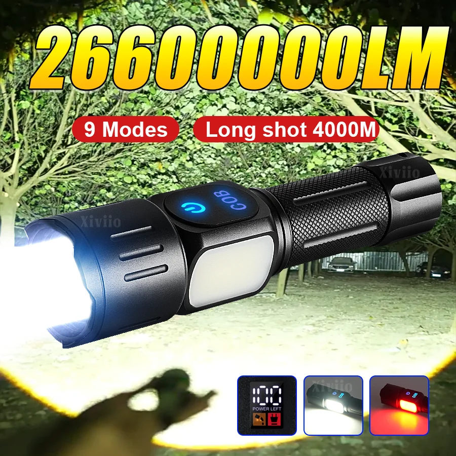 

26600000LM Мощные фонарики 18650 USB Перезаряжаемый светодиодный фонарик Рабочая лампа с зумом Ультра мощный фонарик 4000 м Аварийная лампа