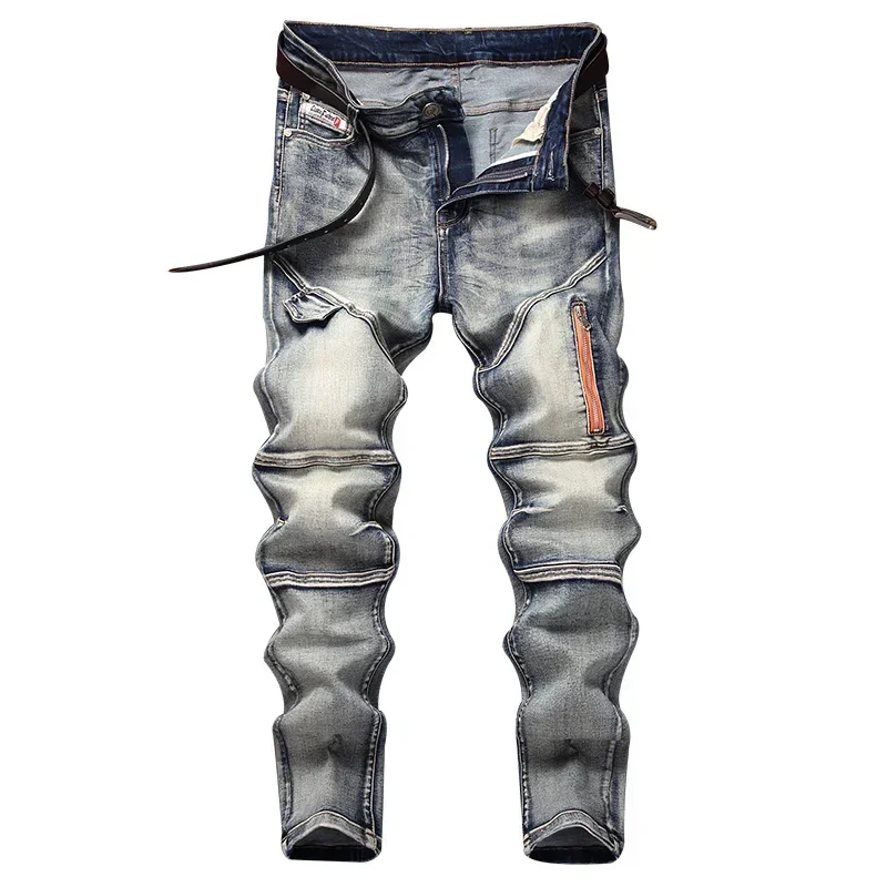 New Men Autumn Winter  Long Pants Straight Trousers Denim Pant Simple Zipper High Waist Slim Fit Splice Casual Regular Jeans