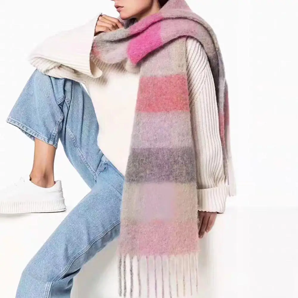 

Зимний Радужный клетчатый элегантный шарф, женский утеплитель для шеи, осенняя утолщенная шаль из пашмины с кисточками, длинные шарфы, шарф из искусственного кашемира