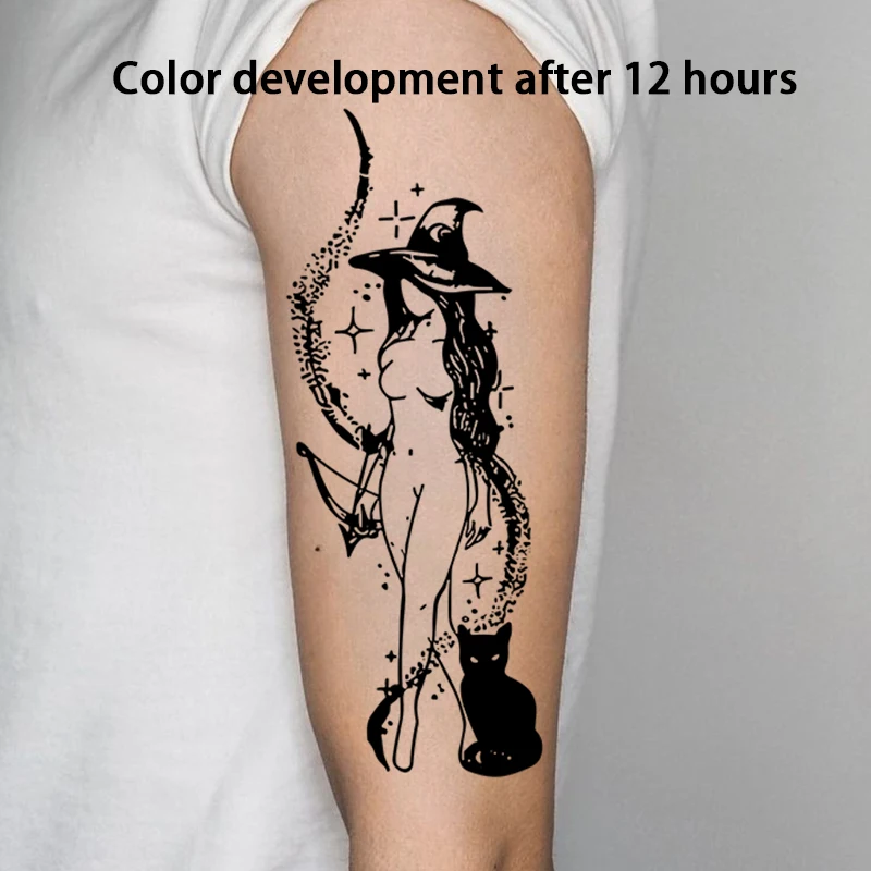 Witch Cat Herbal Juice Tattoo Sticker Temporary Tattoos Man Fake Tatto Half Arm Waterproof Trendy Sexy Hotwife Art Bodyart Charm