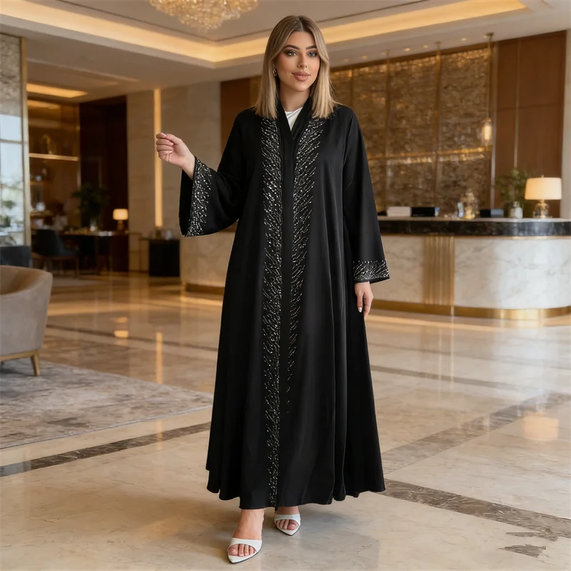 

Modest Abaya Dubai Diamonds Black Cardigan Muslim Woman Dress Ramadan Eid Kebaya Jalabiya Caftan Marocain Femme Robe Kimono Gown