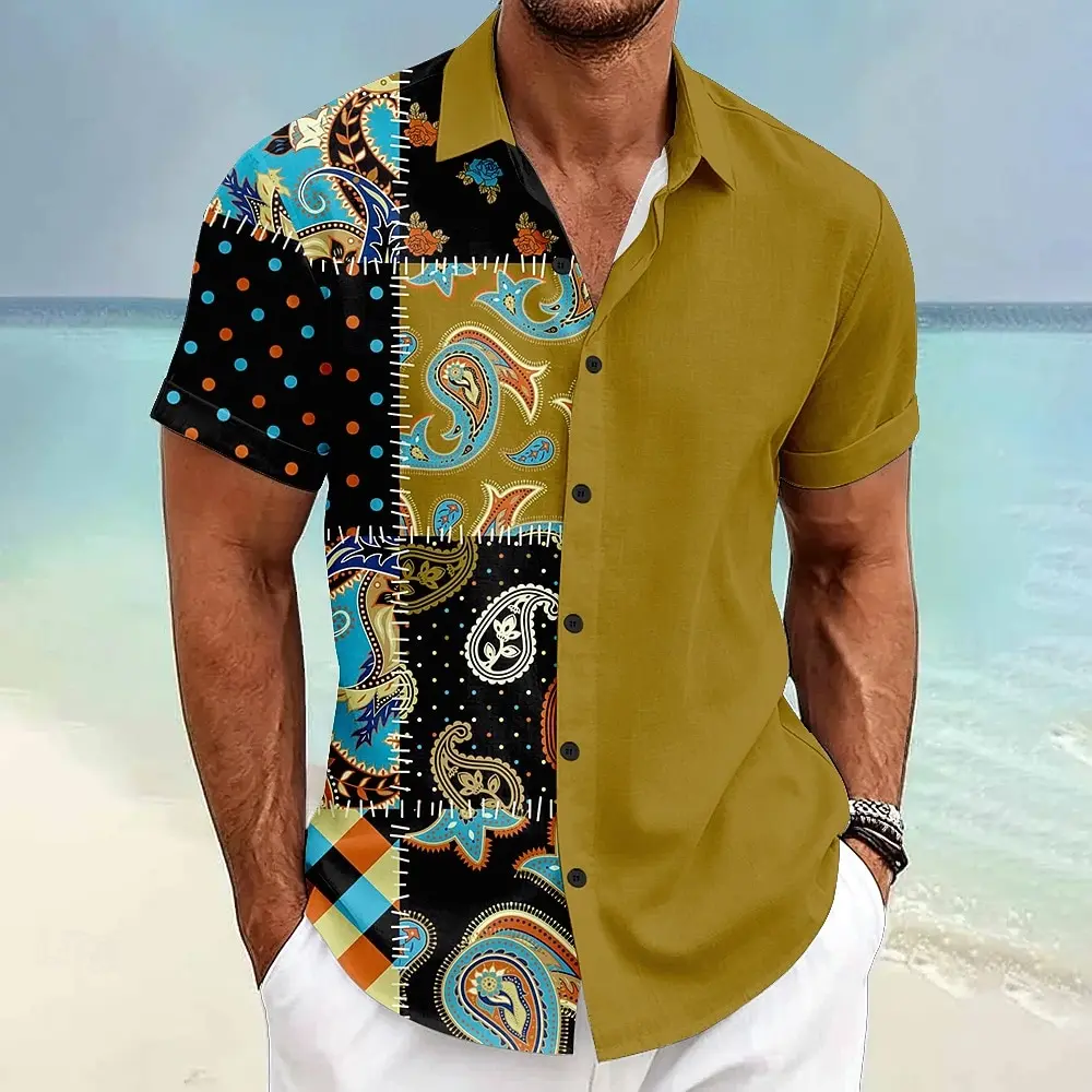 Men Retro Paisley Patchwork Short Sleeve Shirts Asymmetrical Color Block Casual Hawaiian Beach Tops