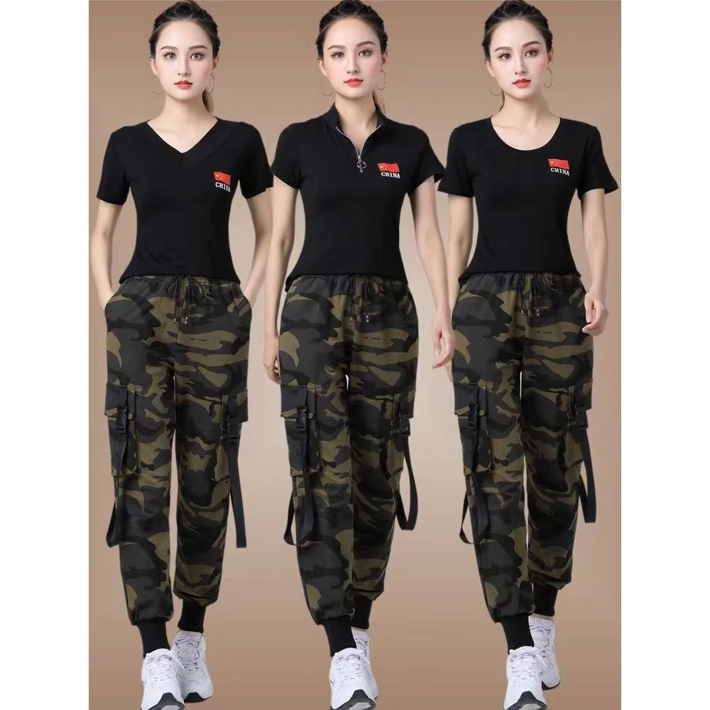 military-green-camouflage-workwear-pants-set-for-women-yang-li-square-dance-performance-outfit-short-sleeve-cotton-fit