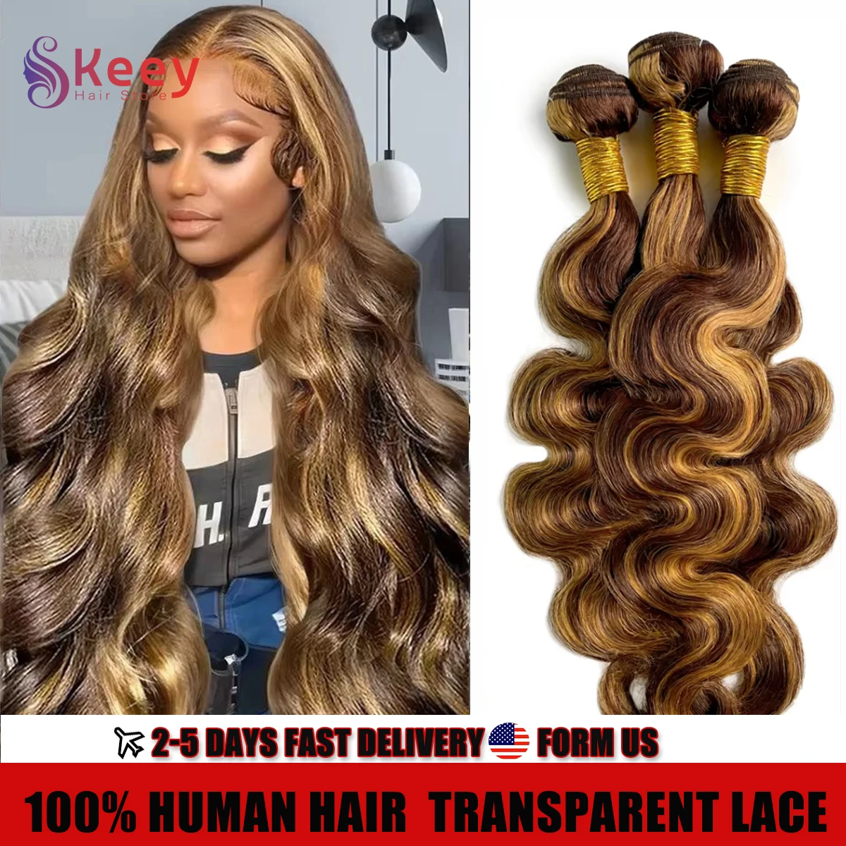 Parrucche per capelli umani Ombre da 30 pollici Biondo miele Evidenzia 4/27 Fasci di capelli umani colorati dell'onda del corpo 4/5 pezzi Estensione dei capelli brasiliani