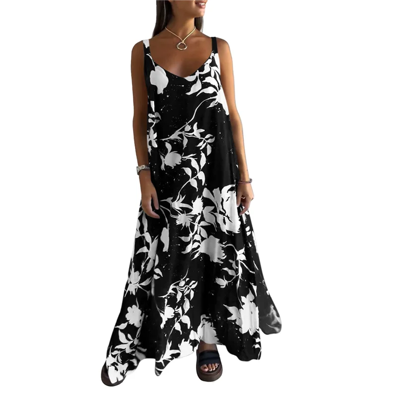 【Dekoracja na Imprezę】 Sukienki Damskie Letnie na Cienkich Ramiączkach Bez Rękawów z Dekoltem w Serek Sukienka Letnia Boho Kwiatowa Wakacyjna Sukienka Maxi Sukienka na Szelkach