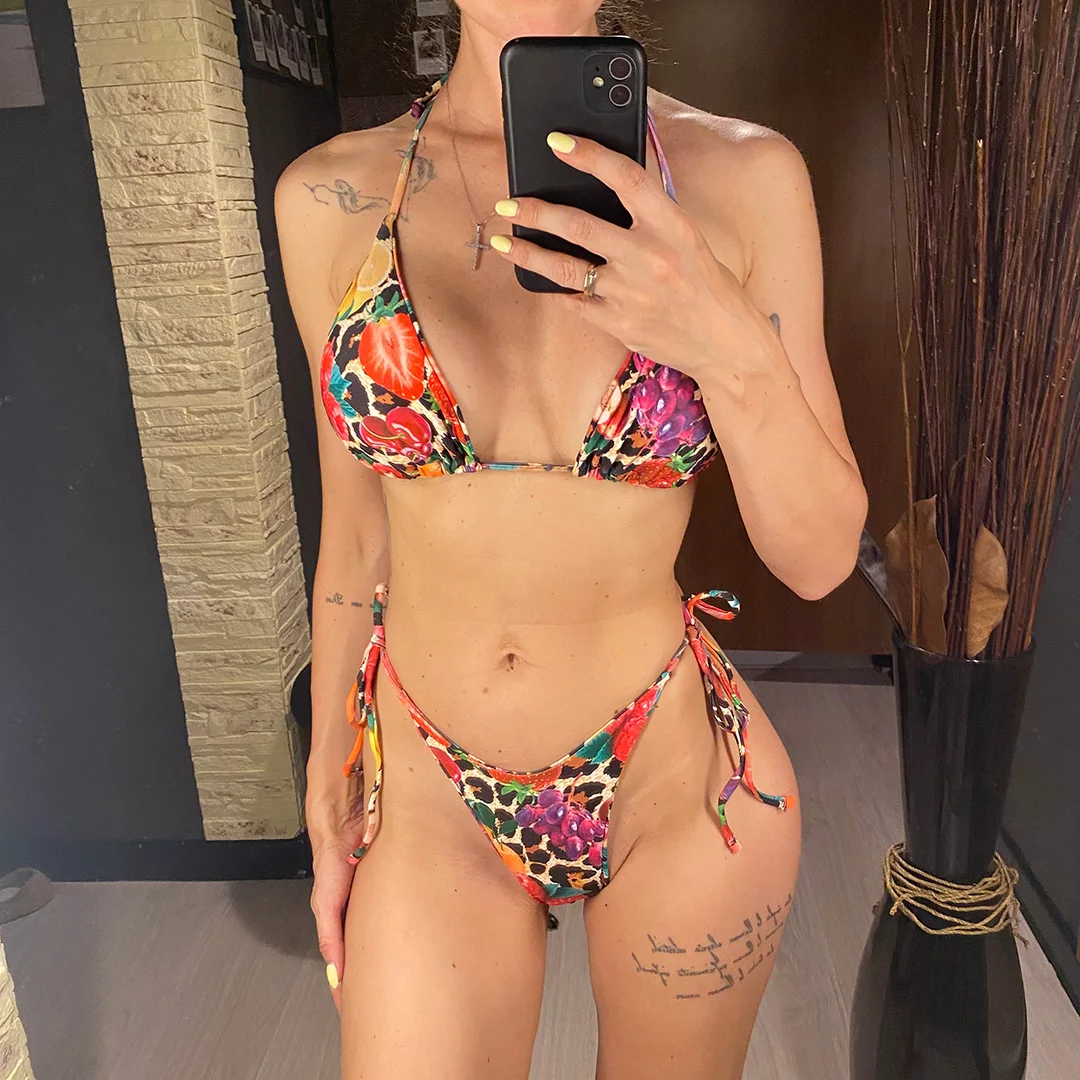 Leopard-Frucht-Halter-Bikini, Damen-Badeanzug, zweiteiliges Bikini-Set, mit Trägern, gepolstert, Badebekleidung, Badeanzug, Modell V6808. – Detail 2