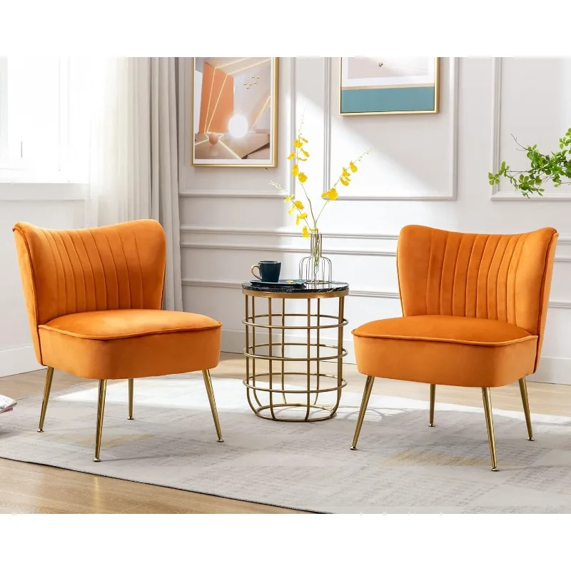 Chair Set of 2 Comfy Living Room Chair Armless Chair with Golden Legs Wingback for Bedroom Guest Room, Orange，home.