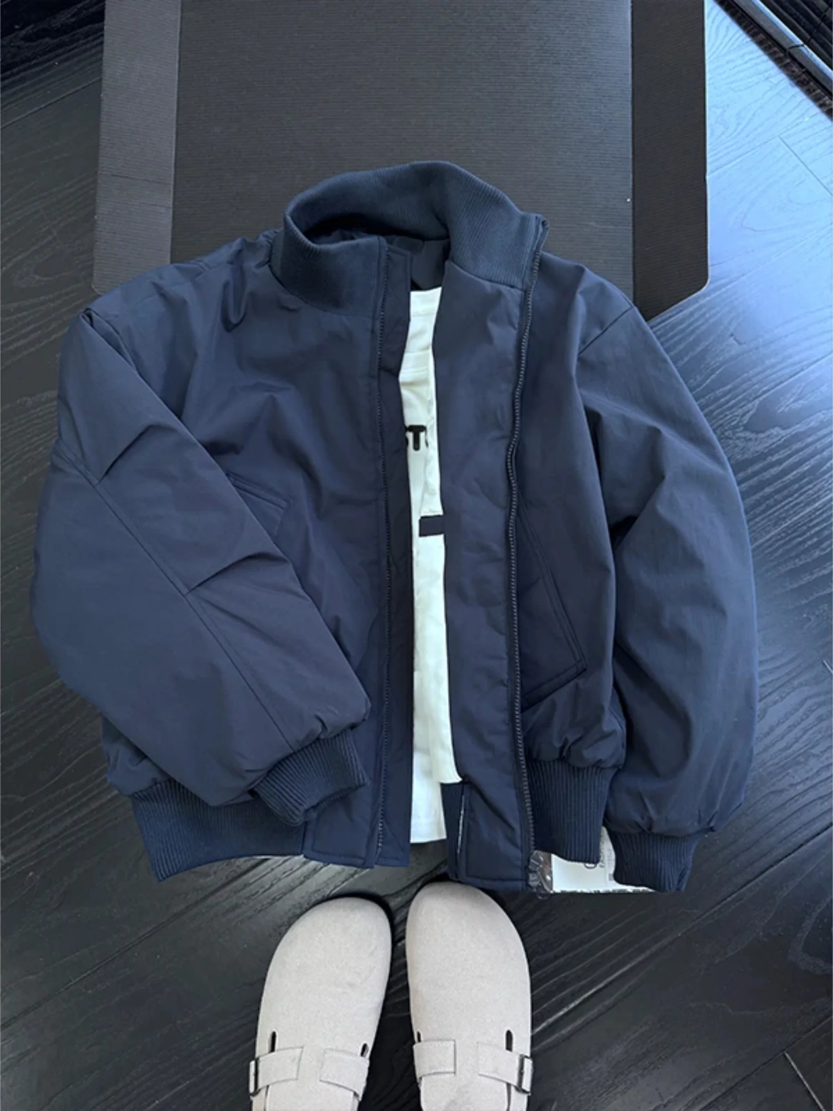 Men's Bomber Jacket Thickened Fleece Warm Cotton Coat Stand Collar Winter Outerwear Casual Cleanfit Polyester Fiber Zipper Cl...