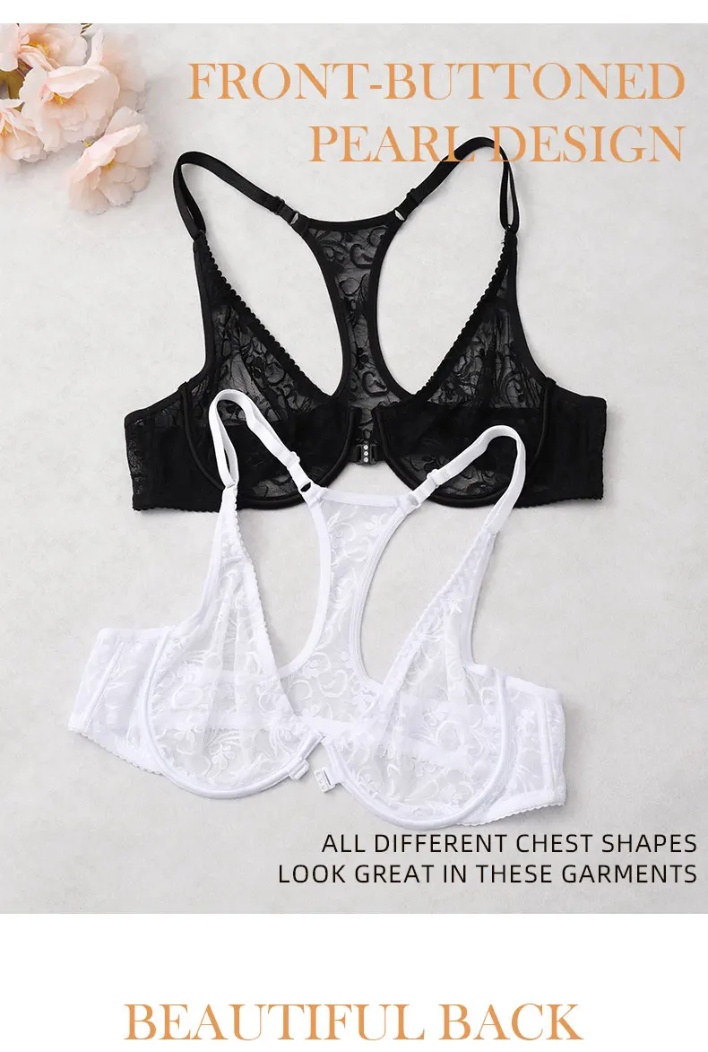 Damen-BH mit Spitze und Knöpfen vorne, Bügel-Unterwäsche, BH-Tops, elegante Stickerei, schöner Rücken, Übergröße, Dessous, Körbchengröße A B C D E F – Detail 7