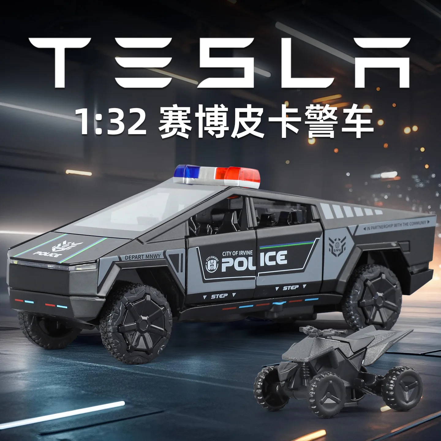 

1: 32 Pickup Truck Alloy Diecast Police Car Model Toys Doors Opened Sound Light Pull Back Miniature Decorative Ornaments